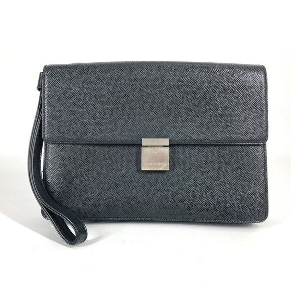LOUIS VUITTON M30782 Taiga Selenga Bag Strap Flap Pouch Clutch Bag Ardoise Black - Picture 1 of 16